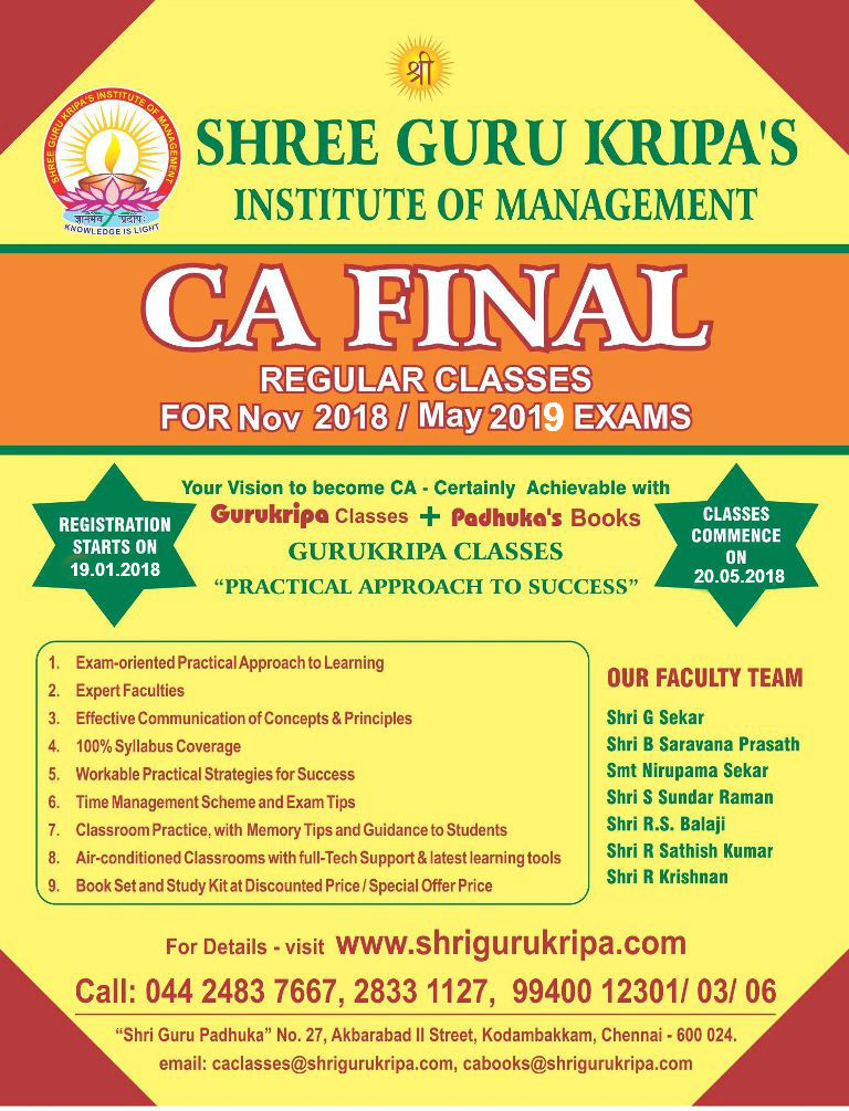 Gurukripa's CA Final Regular Classes for May 2018 Exams